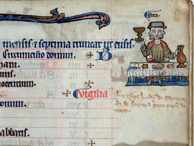 MS CCC 285 f.3 Ein dreiköpfiger Mann beim Trinken, Illustration für Januar im Kalender eines Psalters, c.1250-75 von English School
